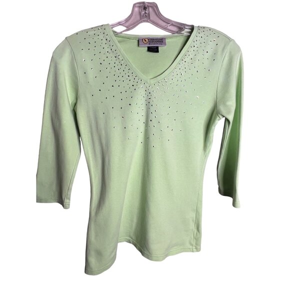 Christine Alexander Women's V-Neck Top W/Rhinestones Small Light Green 3/4 Sleev - Picture 1 of 9